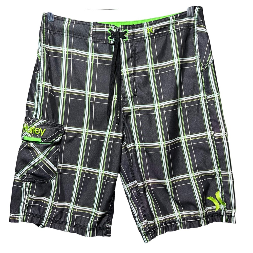 Hurley Mens Plaid Board Shorts Black Neon Green Cargo Pocket Swim Trunks Size 32